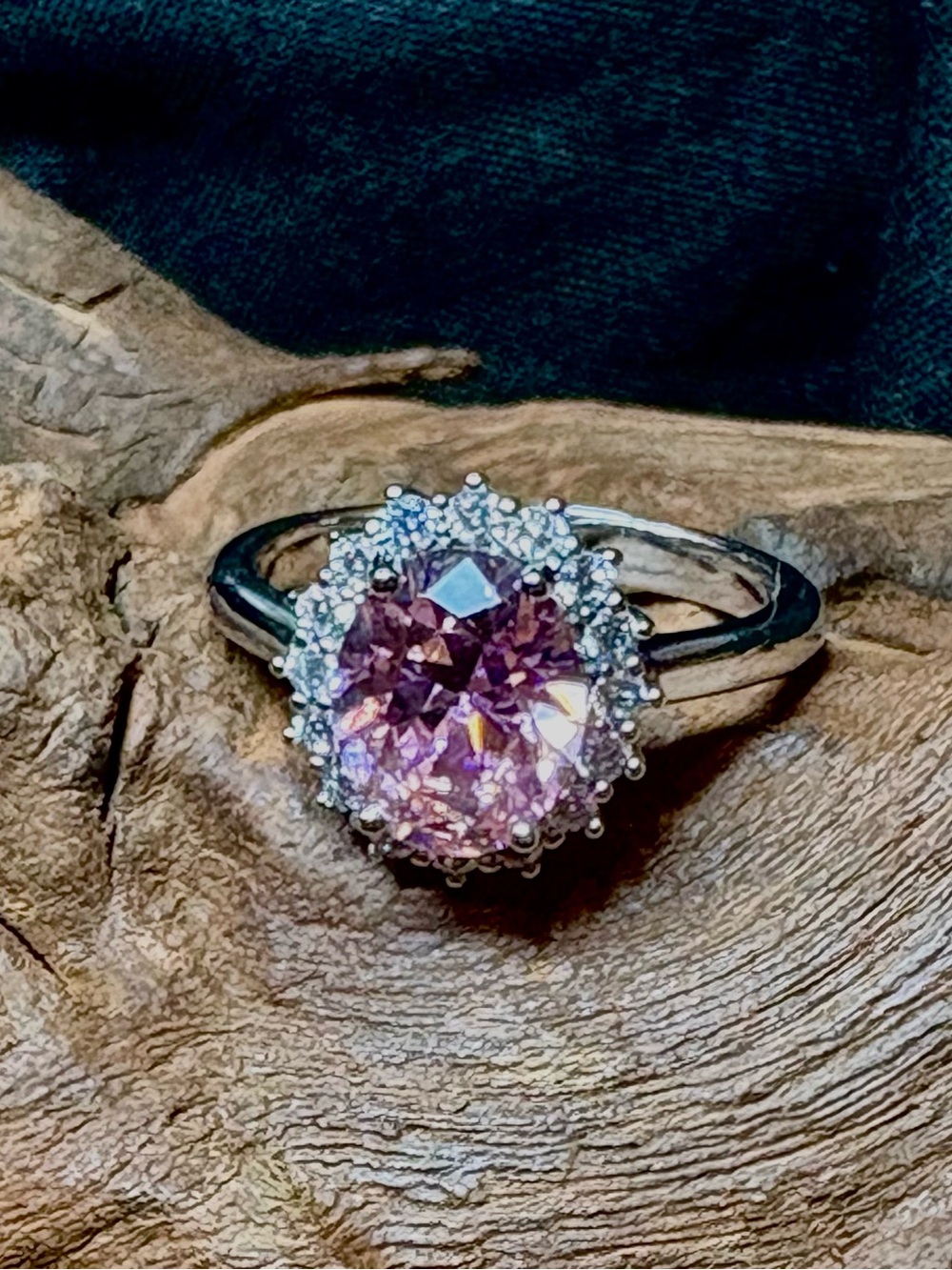 Lustro Stella Pink and White CZ Halo Ring in Sterling Silver Size 8